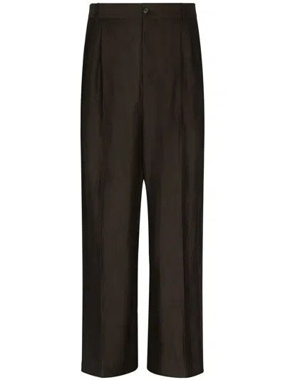 Dolce & Gabbana Logo-patch Pleated Straight Trousers In Brown