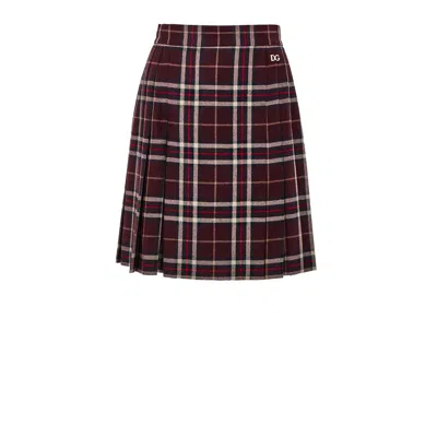 Dolce & Gabbana Pleated Tartan Wool Skirt In Burgundy