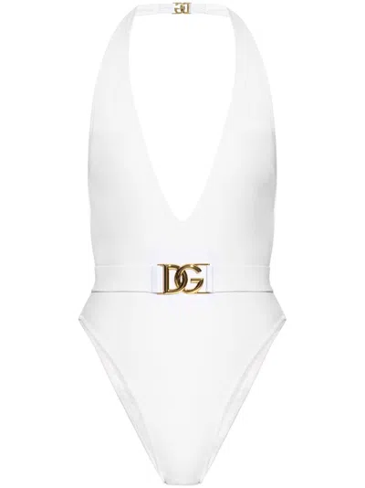 Dolce & Gabbana Plunge-neck Belted Swimsuit In White