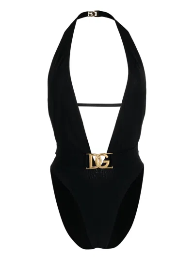 Dolce & Gabbana Logo-plaque Plunge Swimsuit In Black