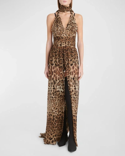 Dolce & Gabbana Plunging Leopard-print Chiffon Scarf-neck Gown In Lghbrowprt