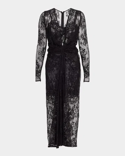 Dolce & Gabbana Plunging Twisted Chantilly Lace Long-sleeve Midi Dress In Black