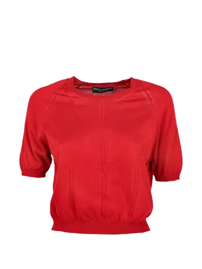 Pre-owned Dolce & Gabbana Pointelle-knit Short-sleeve Sweater In Red