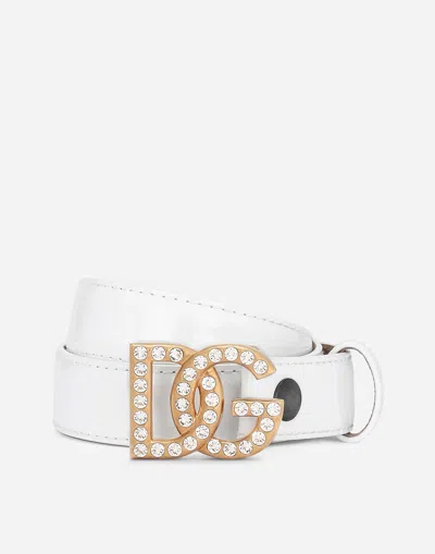 Dolce & Gabbana Polished Calfskin Belt With Rhinestone-detailed Dg Logo In White