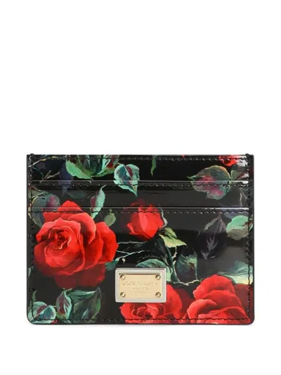 Dolce & Gabbana Women's Polished Calfskin Rose Print Card Holder In Black