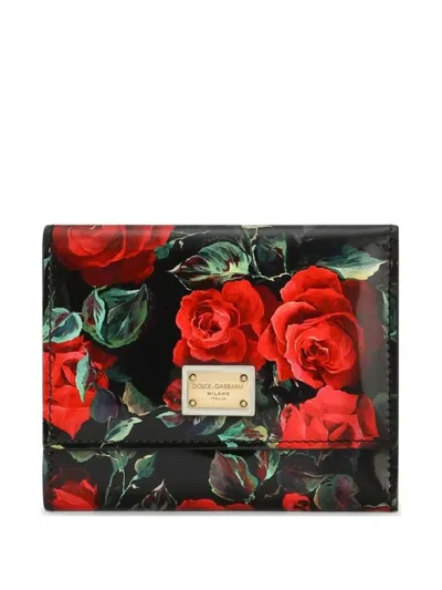 Dolce & Gabbana Polished Calfskin Rose Print Trifold Wallet In Black