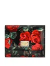 Dolce & Gabbana Polished Calfskin Rose Print Trifold Wallet In Black