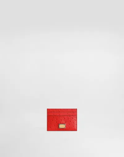 Dolce & Gabbana Polished Ostrich Leather Card Holder In Red
