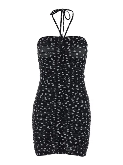 Dolce & Gabbana Black Mini Draped Dress With Polka Dots Print In Tulle Woman