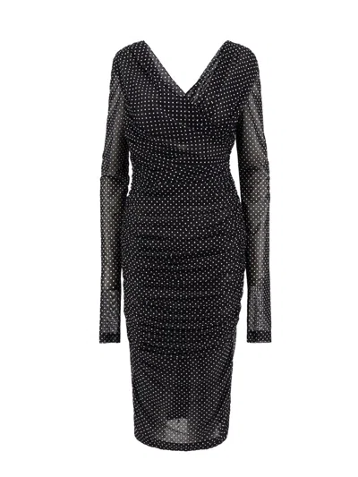 Dolce & Gabbana Polka Dots Tulle Draped Midi Dress In Black
