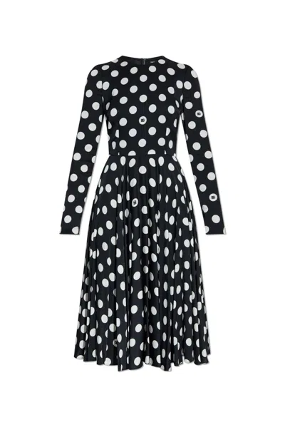 Dolce & Gabbana Logo Polka-dot Silk Charmeuse Long-sleeve Midi Dress In Black