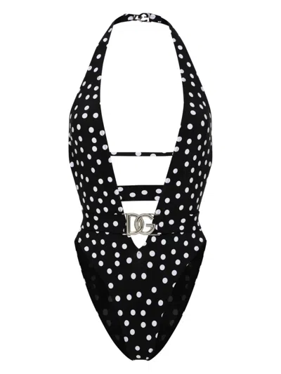 Dolce & Gabbana Polka Dot Belted Swimsuit In Black