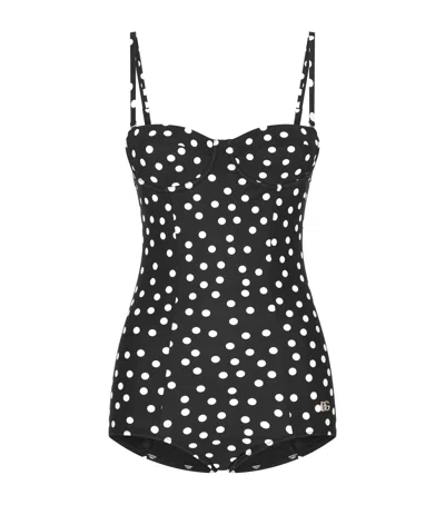 Dolce & Gabbana Polka-dot Dg Logo Swimsuit In Black