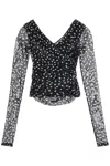 Dolce & Gabbana Ruched Wrap-effect Printed Polka-dot Tulle Blouse In Black