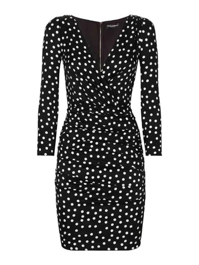 Dolce & Gabbana Polka Dot-print Draped Minidress In Black