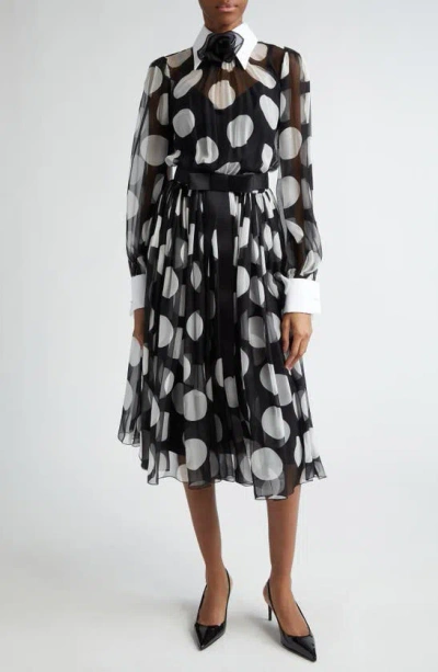 DOLCE & GABBANA POLKA DOT LONG SLEEVE BELTED CHIFFON MIDI DRESS