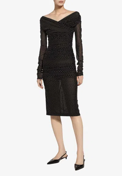 DOLCE & GABBANA POLKA DOT PRINT DRAPED TULLE MIDI DRESS