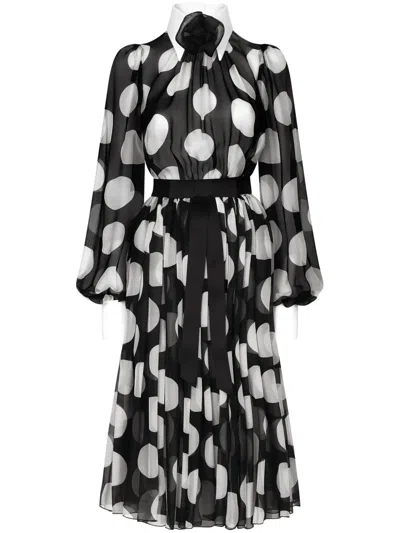 Dolce & Gabbana Dolce&gabbana Longuette Dress With Polka Dots In Silk Chiffon In Black