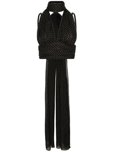 Dolce & Gabbana Dolce&gabbana Black Polka Dot Print Silk Chiffon Top With Scarf In Black,white
