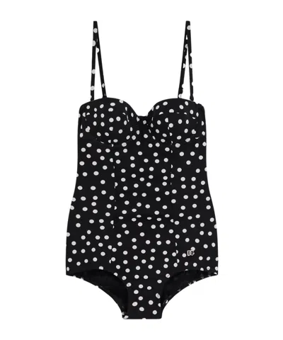 Dolce & Gabbana Dolce  Gabbana Polka-dot Printed One-piece Swimsuit In Black