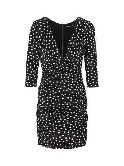 Dolce & Gabbana Polka Dot-printed Plunging V-neck Mini Dress In Black