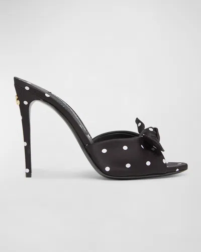 Dolce & Gabbana Polka Dot Satin Bow Mule Sandals In Nero