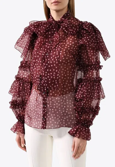 Dolce & Gabbana Polka Dot Silk Ruffle Blouse In Burgundy