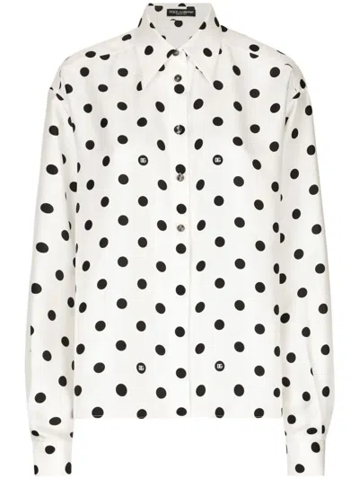 Dolce & Gabbana Polka Dots Logo Printed Silk Twill Shirt In White