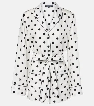 Dolce & Gabbana Long-sleeved Silk Pajama Shirt With Polka-dot Print In White