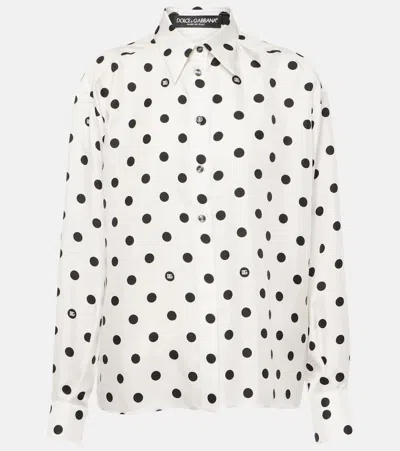 Dolce & Gabbana Polka Dots Logo Printed Silk Twill Shirt In White