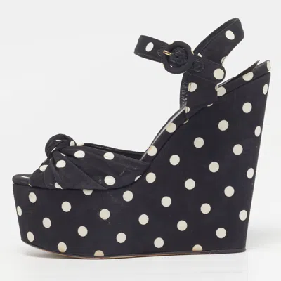 Pre-owned Dolce & Gabbana Polka Dot Size 41 Black Fabric Ankle Strap Platform Wedge Sandals