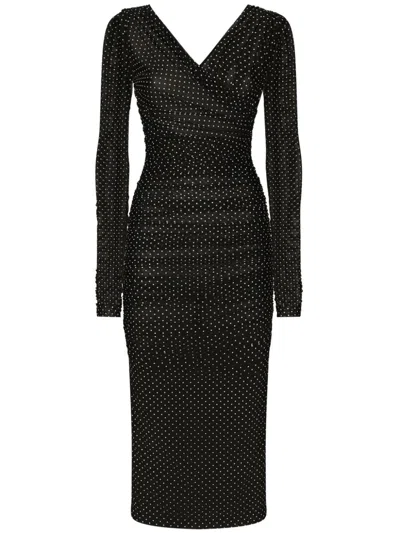 Dolce & Gabbana Draped Polka-dot Dress With Ruched Sleeves In Black