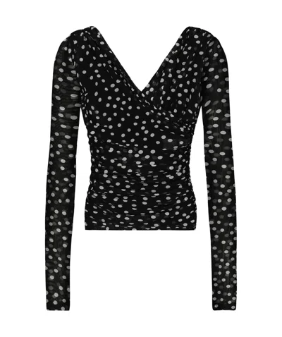 DOLCE & GABBANA DOLCE  GABBANA POLKA-DOT PRINTED WRAP-FRONT NECK TULLE TOP