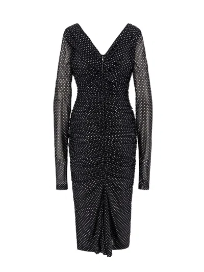 Dolce & Gabbana Draped Polka-dot Dress With Ruched Sleeves In Black
