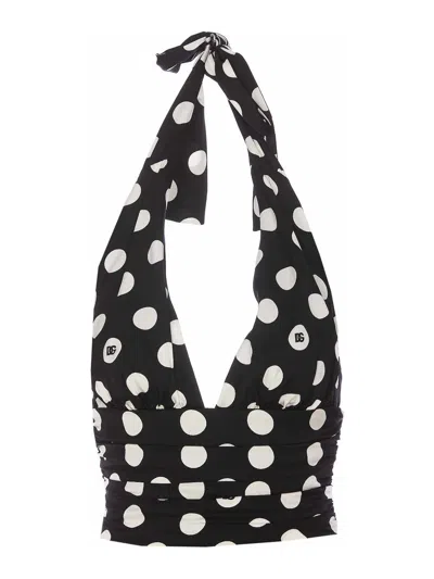 Dolce & Gabbana Polka Dots Print Charmeuse Top In Black Polka Dots