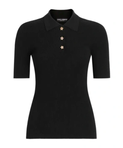 Dolce & Gabbana Polo Collar Ribbed Sweater In Black