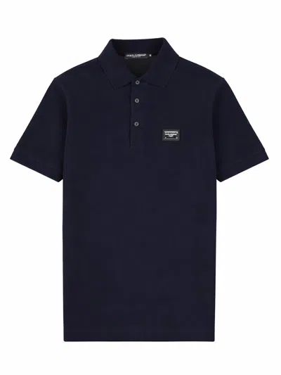Dolce & Gabbana Cotton Polo Shirt With Front Buttons And Logoed Metal Plaque In Blue