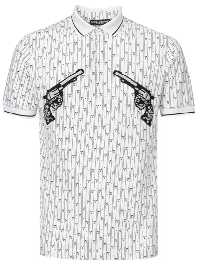Dolce & Gabbana Polo In Piquet Bianca With Allover Printing  In Bianco