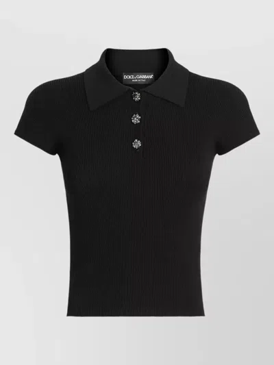 Dolce & Gabbana Polo Knit Top Ribbed Buttons Short Sleeves In Black