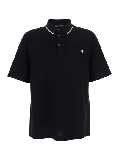 DOLCE & GABBANA BLACK POLO SHIRT WITH CONTRASTING CLASSIC COLLAR AND LOGO EMBROIDERY ON THE FRONT IN COTTON PIQUET M