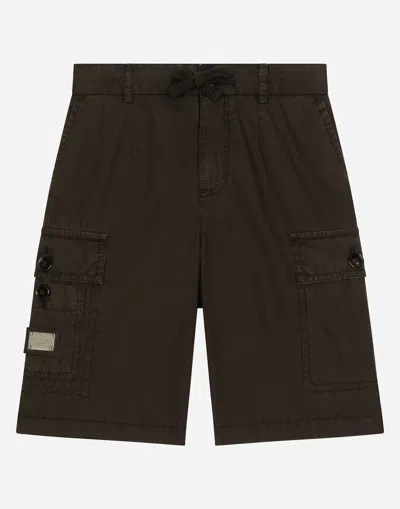 Dolce & Gabbana Poplin Cargo Shorts With Branded Tag In Brown