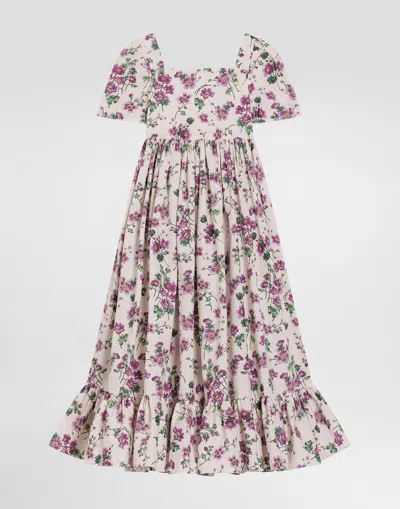 Dolce & Gabbana Poplin Dress With Violet Print In Multi