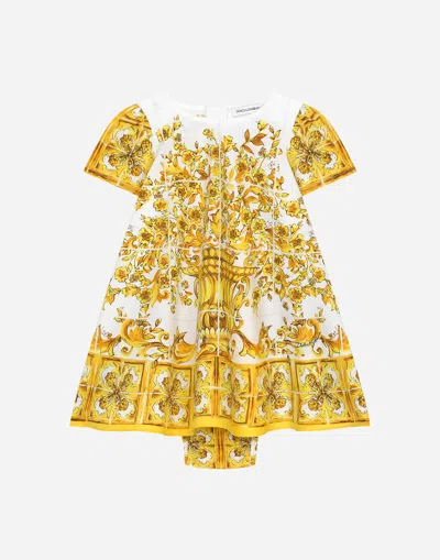 Dolce & Gabbana Babies' Majolica-print Poplin Dress In Yellow