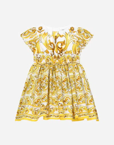 Dolce & Gabbana Babies' Majolica-print Poplin Dress In Yellow