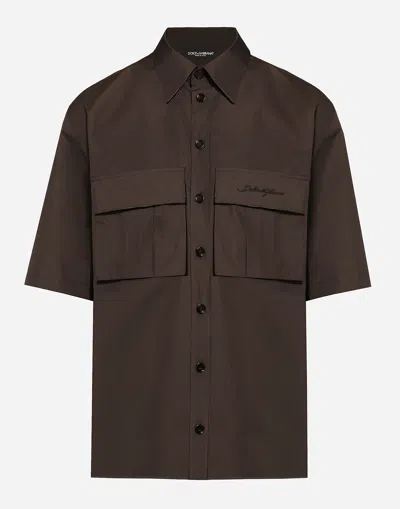 Dolce & Gabbana Poplin Hawaiian Shirt With Pockets In Brown