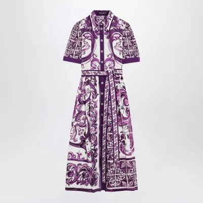 Dolce & Gabbana Poplin Shirt Dress With Maiolica Print In Purple