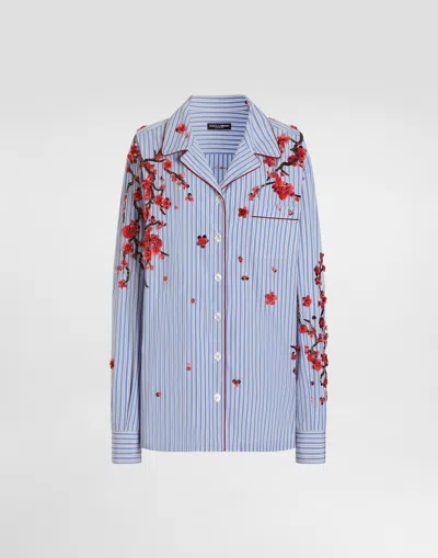 Dolce & Gabbana Poplin Shirt With Cherry Tree Embroidery In Blue