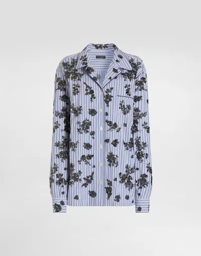 Dolce & Gabbana Poplin Shirt With Crystal Flower Embroidery In Multi