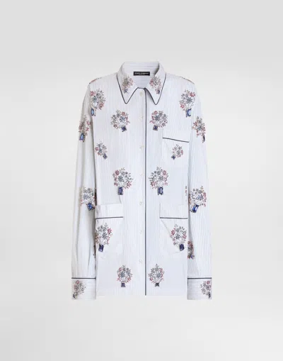 Dolce & Gabbana Poplin Shirt With Crystal Flower Embroidery In White