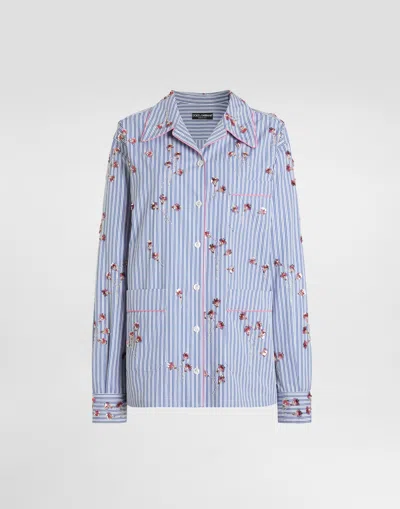 Dolce & Gabbana Poplin Shirt With Crystal Flower Embroidery In Multi